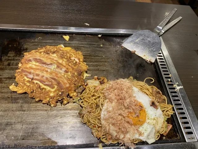 Okonomiyaki and Yakisoba at Namba Okonomiyaki Ajinoya Honten, Osaka, Japan