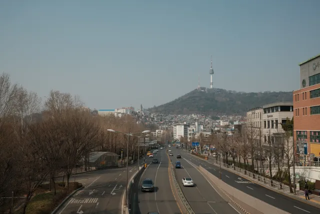view of Namsan Tower from Noksapyeong Pedestrian Bridge, Seoul, South Korea