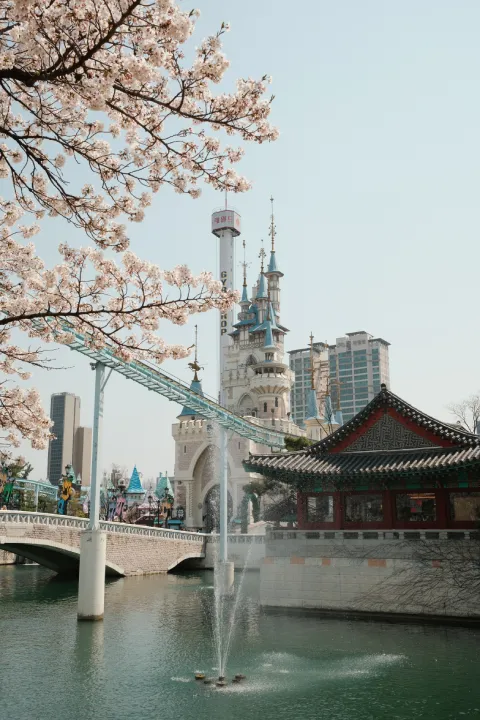 cherry blossoms and Lotte World, Seokchon Lake, Seoul, South Korea